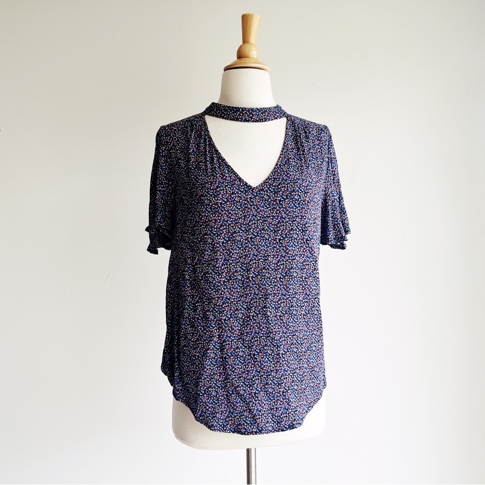 Anthropologie Navy Floral V-Neck Blouse with Choker - Picture 5 of 11